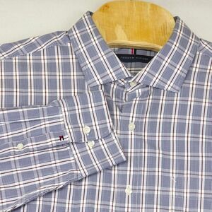 Tommy Hilfiger Men's Regular Fit Non Iron Plaid Dress Shirt 2XL Blue Burgundy